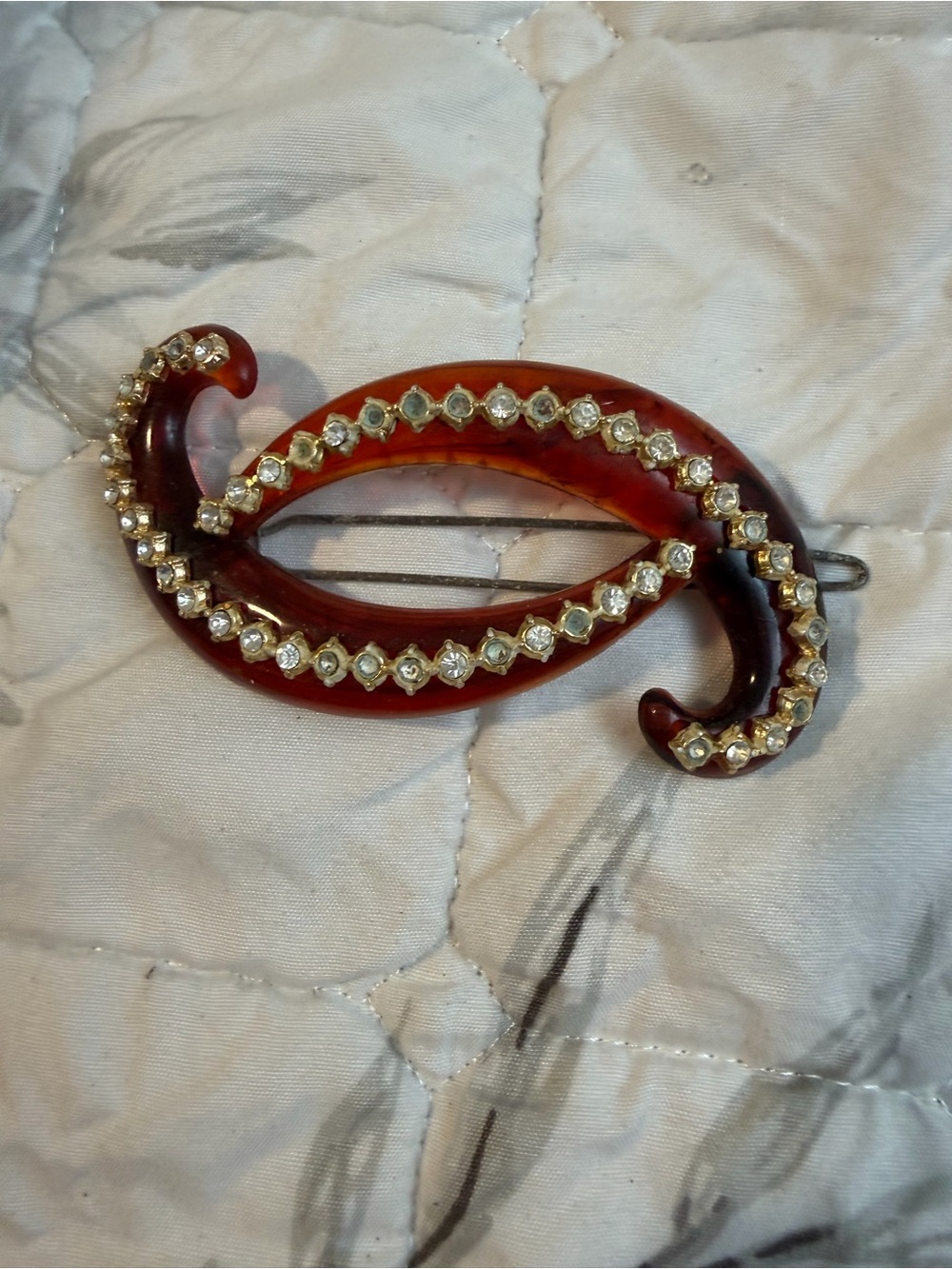 Vintage Faux Tortoiseshell Rhinestone Swirl Hair Barrette - Women Accessories